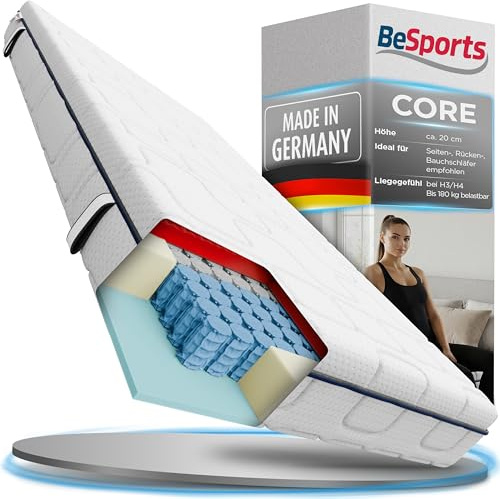 BeSports Core Taschenfederkernmatratze 90x200cm H3/H4, 7-Zonen, wendbar | Zwei Liegehärten, Tonnentaschenfederkern bis 180kg, punktelastisch, OEKO-TEX 100