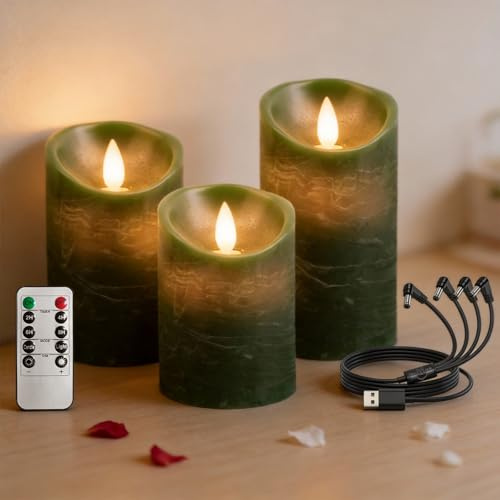 RosMank 3er Set LED-Kerzen, mit 10-Tasten-Fernbedienung, Flammenlos, aus Echtem Wachs, mit Flackernder Flamme, Dekoration für Weihnachten, Geburtstag, Hochzeit und Party, Grün
