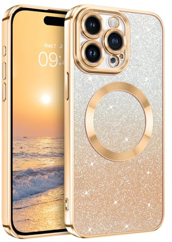 DUEDUE Glitzer Hülle für iPhone 15 Pro 6,1'' [Kompatibel mit kabellosem Laden] Glitzer Handyhülle mit Kameraschutz, Magnetische Stoßfeste Schutzhülle Soft TPU für iPhone 15 Pro Hülle, Gold