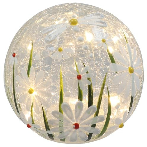 Shudehill Giftware Crackle Daisies LED Light Hand-Painted Glass White Daisy Design Tube, Vase Lamp, Small & Large Ball Battery Operated Decorative Lighting (Ball Large Height 14x Width 15x Depth 15cm)