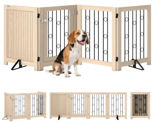 PawHut Absperrgitter Hund Faltbares 4 Paneelen HxB 70 x 205 cm Eiche | Freistehendes Schutzgitter, 2 Stützfüßen, Abschließbarer Tür, Haustiergitter Küche Kamin Tür