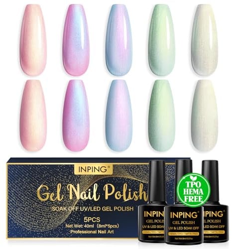 INPING Gel Nail Polish TPO-FREE Pearl 5 Colors UV LED Nail Varnish 8ML | Pink Purple Blue Green Shimmer Pearlescent Shell Glitter Nail Varnish Kit, Soak-Off UV Swirl Thread Effect Nail Polish Set