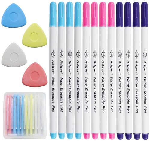 DRADERCH 22-TLG Schneiderkreide & Trickmarker Set für Stoff | 12 Wasserlösliche Stoffmarkierstifte & 10 Stück Schneiderkreide mit Box – Markierstifte zum Nähen, Quilten & Handarbeit