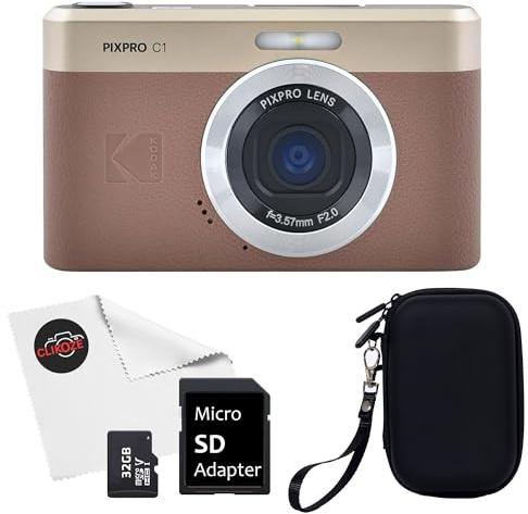 Kodak Pixpro C1 Digital Camera Brown with 32GB Micro SD Card, Clamshell Carrying Case + Clickoze Microfiber Lens Cloth