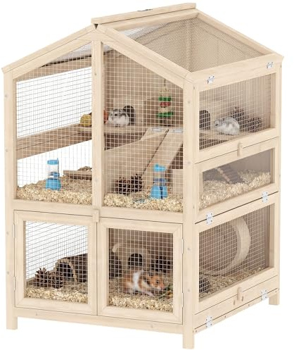 PawHut Jaula para Hámster de Madera de 3 Niveles 68x61,5x90 cm Natural