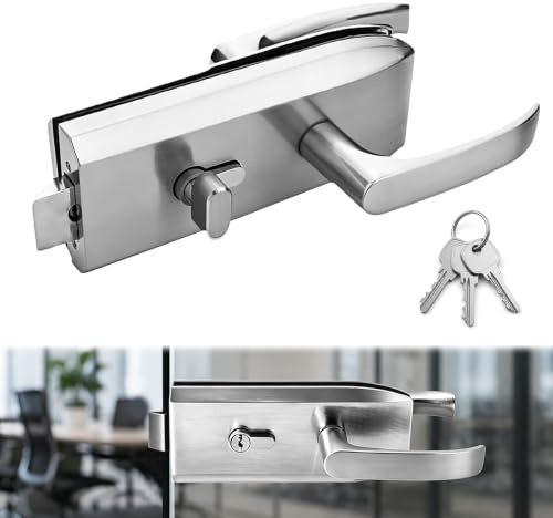 Peelanmall Serrure de porte en verre en acier inoxydable, mécanisme intérieur métallique, serrure de porte intérieure avec poignée coulissante et 3 clés, ferrure de porte en verre pour verre de 8 à 12
