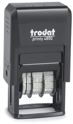 Trodat Printy 4850/L7 Datumsstempel mit Standardtext in Schwarz, Office-Text GEBUCHT, 4 Bänder (TT.MMM.JJJJ) Datum für 12 Jahre, Deutsch, Schrifthöhe 3,8 mm, integriertes Stempelkissen in blau-rot
