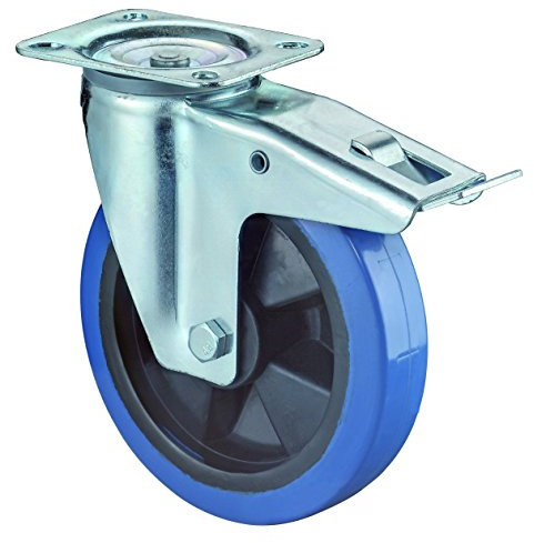 BS Rollen L520.B61.101 Transportrolle, Lenkrolle mit Feststeller, Ø 100 mm, Anschraubplatte, Elastikgummirad blau, Radkörper Kunststoff
