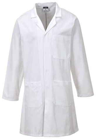 Portwest C851 Standard Cotton Coat Concealed Stud Front One Chest Pocket | White, 3X Large, UPF 50+, Durable, Two Lower Patch Pockets, Mandarin Collar, Pull-On Design, Long Sleeve, Workwear