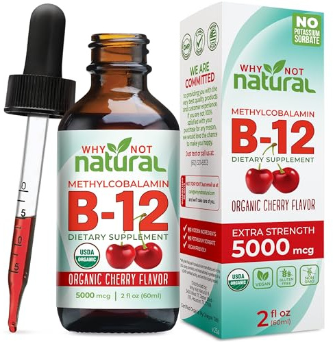 Why Not Natural Organic Vitamin B12 Liquid - Sublingual Extra Strength 60 x 5000 mcg Methylcobalamin Drops, Vegan, Maximize Absorption and Energy