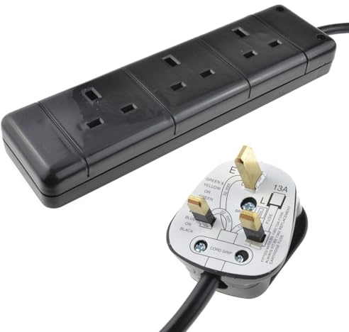 kenable 3 Gang UK Mains Power Extension Lead | 13A Trailing Socket with Wall Mount Keyholes | BS1363/A Certified | Black 2m