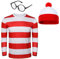 NUWIND T-Shirt à Rayures Rouge et Blanche Lunettes Beanie Bonnet Tricoté Chapeau Costume Outfit Suit Set Halloween Cosplay Props de Fête pour Hommes Adultes (XXL)
