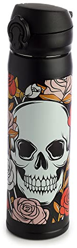 Puckator Bouteille Isolée (Gourde) 450ml en Acier Inoxydable avec Couvercle à Bouton-Poussoir Boissons Chaudes ou Froides Skulls and Roses - Crâne