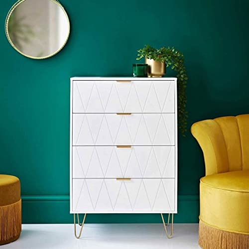 FIZPORIUM Fabulous Embossed Loft Studio 4 Drawer Chest Rose Gold Finish Metal Legs W60 x D34 x H91cm (Approx.) - White