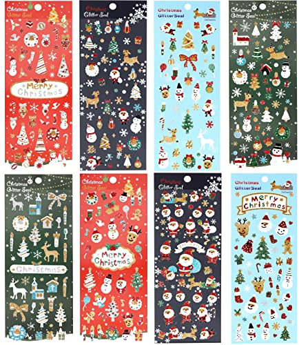 DPKOW 380+pcs Glitzer Weihnachten Aufkleber für Kinder Basteln, Weihnachten Stickers für Weihnachten DIY Karten Scrapbooking, Weihnachten Tagebuch Fotoalben Aufkleber Papeterie Wasserflasche Deko