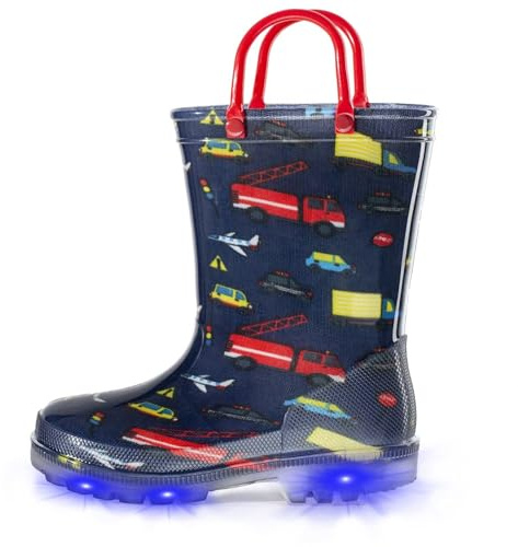 EUXTERPA Kids Light Up Wellies Boys Girls Wellington Boots | Waterproof, Glitter, Cartoon Pattern, Easy-On Handles, Flashing Non-Slip Sole, Puddle Play, Outdoor, Children Girls Boys