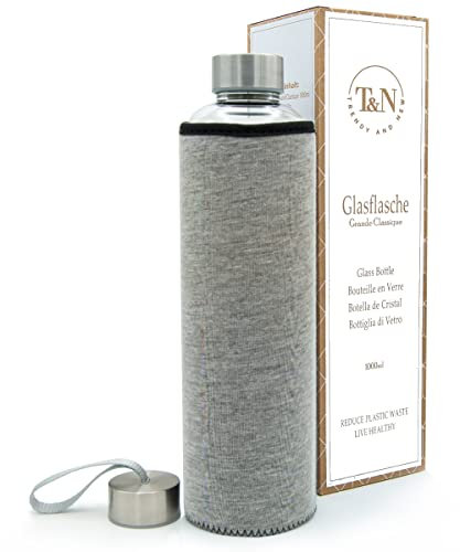 T&N bouteille verre 1L / 750ml / 500ml – gourde réutilisable avec housse néoprène – étanche & sans BPA – borosilicate épais – pour eau, thé, boissons gazeuses