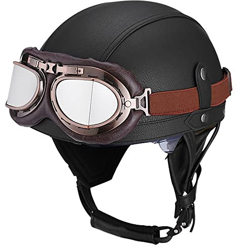 BDTOT Retro Motorrad Halbhelme Leder Halbhelm Deutscher Stil Roller Cruiser Chopper Anti-Collision Helm Abnehmbarer Gehörschutz mit Visier ECE Zertifiziert Roller-Helm Scooter Mofa-Helm, L=59~60cm