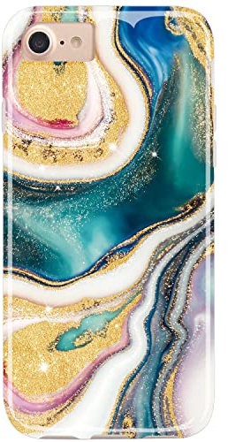 JIAXIUFEN Schutzhülle für iPhone SE 2022, iPhone SE 2020, goldfarben, glitzernd, Marmor-Design, schlank, stoßfest, flexibel, weiches Silikon, Dunkelgrün