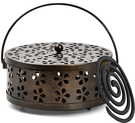 Porte Encens Classique,Support Bobine Anti-Moustique,Métal Brûleur d'Encens, Refoulement Brûleur d'Encens Charbon Poêle avec Poignée Couvercle Sécurité pour Maison, Camping, Voyages (Brun)