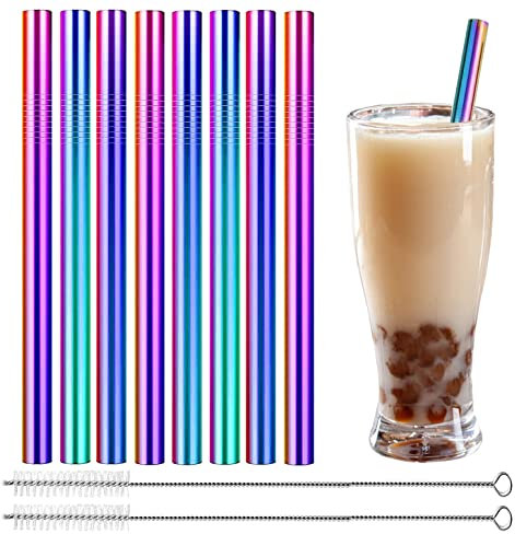 Bubble Tea Lot de 8 pailles en acier inoxydable, réutilisables, extra larges, 12 mm, avec 2 brosses de nettoyage, idéales pour smoothies, jus, café, couleurs arc-en-ciel