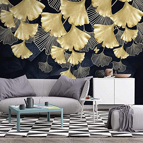 GHASOO 3D Feuilles De Plantes Dorées Papier Peint 3D Amovible Peel And Stick Art Decor Peintures Grand Papier Peint Mural Pour Chambre Salon Chambre D'Enfant Canapé Fond Art Mural 350(L) x256(H) cm