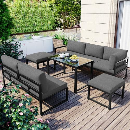 Merax Gartenmöbel Set 5-Personen, Lounge Sitzgruppe Outdoor aus Aluminium mit Couchtisch, verstellbare Rückenlehne, für Garten Balkon und Terrasse, inkl. Kissen und Rückenlehne, Gartenlounge Set