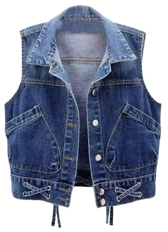 OLGER Damen Jeansweste-Vintage Distressed Washed Denim Weste Kordelzug Große Taschen Kurze Jeansweste Plus Size Jeansjacke Einreiher Cardigan Top Outwear,Dunkelblau,M