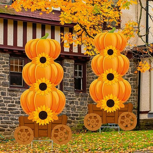 Thyle Extra große 2 Stück Herbst-Kürbisse Hofschilder mit Heringen 71,1 cm 3 gestapelte Thanksgiving-Kürbisse mit Ahornblättern, Blume, Outdoor-Dekoration, Herbst, Outdoor, Garten, Zuhause, Rasen,