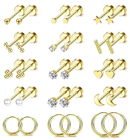 FIOROYAL 15Pairs Gold Stud Earrings for Women Surgical Steel Hypoallergenic Earrings 14K Gold Plated Flat Back Earrings Set Tiny Moon and Star Earrings Helix Cartilage Hoop Earrings for Women