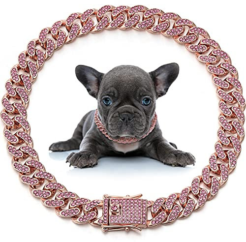 LEIFIDE Dog Chain Collar Diamond Link Dog Collar 12 mm Wide Dog Necklace Metal Cat Chain Pet Crystal Collar Jewelry Accessories for Small Medium Large Dogs Cats (Rose Gold, Pink,18 Inch)