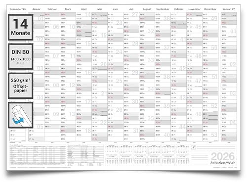 XXXL Jahresplaner 2026 DIN B0 – Wandkalender 14 Monate, 140x100 cm grau – großer Wandplaner, gerollt, 250g Papier, auf Deutsch – Jahreskalender Büro & Zuhause von Kalenderoutlet®