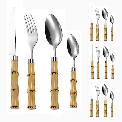16 Piezas Mango De Bambú Cocina Acero Inoxidable Cubiertos Vajilla Cubiertos Juego De Cubiertos Para 4 Personas, Hotel Hogar Restaurantes Banquetes Bistec Cuchillos Tenedores Cucharas (Plata)