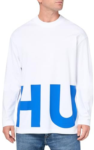 HUGO Men's Block Letter Logo Long Sleeve Cotton Shirt T, White Salt, XL