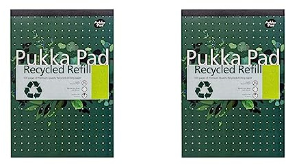 Pukka Pad Recycled Refill Notepad with 100 Pages of 80GSM Paper Made from Recycled Materials, Drilled Hole Punch Margins, and Feint Ruled Lines (Pack of 2)