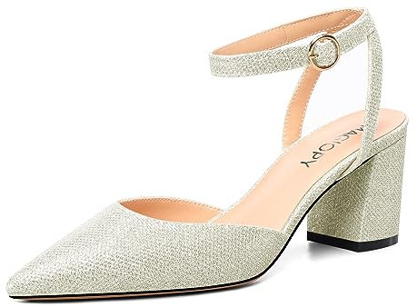 MAGIOPY Donna Medio Blocco Tacco Heel a Punta Cinturino alla Caviglia Glitter Pumps Slingback Fibbia Ballo Feste Sexy Scarpe 6.5 CM Heels Beige 45 EU