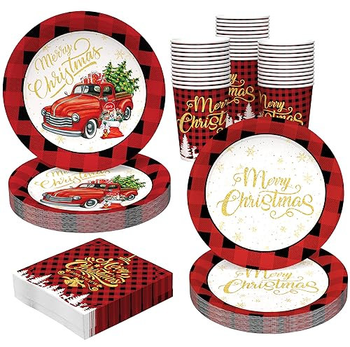 BAIVV Christmas Party Supplies, 96 Pcs Christmas Paper Plates and Napkins Cups, Disposable Merry Christmas Tableware for Xmas Party Decoration, Serve 24