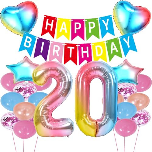 ZWWsullo geburtstagsdeko mädchen 20 geburtstag Luftballon 20 Geburtstag Dekoration Set 20 Geburtstag Deko Regenbogen 20 Geburtstag Deko Helium Folienballon Riesen Helium Happy Birthday Party