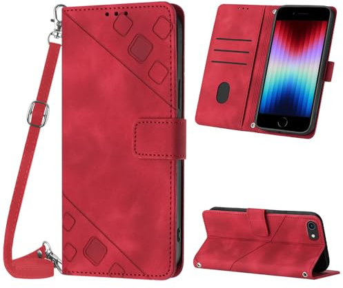 Mo-Beauty Hülle mit iPhone SE 2022/2020 / iPhone 8 / iPhone 7 (4.7 Zoll), PU Leder Flip Crossbody Handyhülle, verstellbare abnehmbare Halskette [Magnet] Schutzhülle für iPhone SE 2022 - Rot