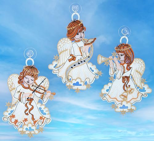 Plauener Spitze Fensterbild Weihnachten Engel Chor 3er Set 17 cm Fensterdekoration Weihnachtsdekoration Weihnachtsschmuck mit Saugnäpfen