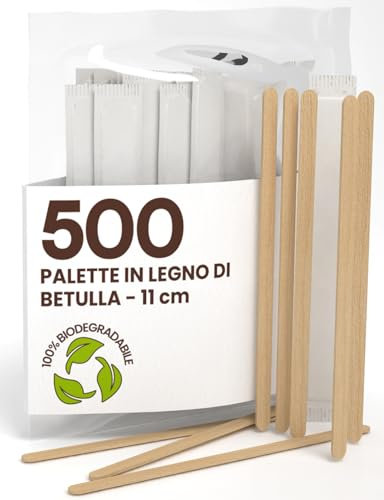 500 Palette Lunghe da Caffè e Cappuccino Monouso in Legno di Betulla da 11cm, Imbustate Singolarmente, Biodegradabili e Compostabili, Resistenti al Calore per Mescolare Caffè e Bevande