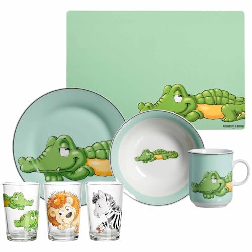 Ritzenhoff & Breker Kinder-Set Happy Zoo Krokodil 7-teilig, Porzellan-Kindergeschirr mit Schale Becher Teller, Kindergläser 205 ml, Platzset 45 x 30 cm, Gedeckter Kindertisch mit Tier-Motiven