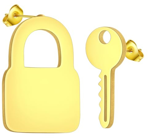 Tiny Key and Lock Earring Stainless Steel Minimalist Key Stud Earrings for Women Men Mismatched Lock Jewelry Gift (gold)