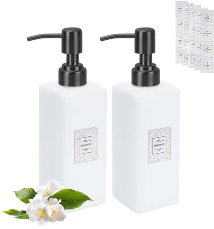 2 Stück Glas Seifenspender, 350ml Seifenspender Weiß Matt Badezimmer Set, Edelstahl-Pumpspender für Flüssigseife, Nachfüllbare Pumpspender mit 20 Etiketten für Bad Dusche Arbeitsplatte Küche