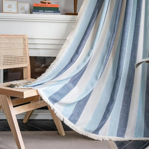 CEMELI Rideaux Semi-Transparents en Coton et Lin à Rayures Bleues 132cm de Largeur x 45 à 300CM pour Salon Rideau de Douche en Lin Semi-occultant à œillets