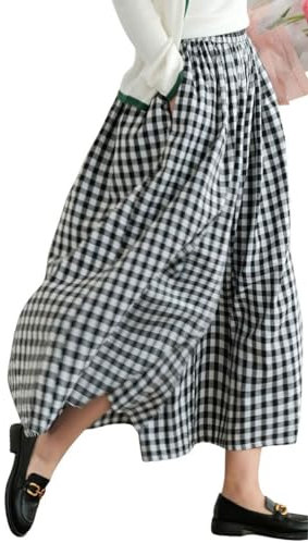 Leyoutx Damen-Culotte-Hose aus Baumwollleinen, weites Bein, elastische Taille, kariert, Vichy-Muster, Capri-Palazzo-Hose, Schwarz, M