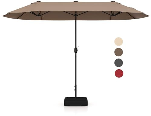 KOMFOTTEU Ombrellone da Giardino Doppio 4 x 2 m con LED, Ombrellone Rettangolare con Manovella e Base, Ombrellone da Balcone Grande Impermeabile, Ombrellone da Patio per Piscina, Cortile (Caffè)