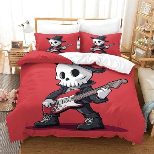 Skull And Guitar 3 Pieces Set Duvet Cover,3D Art Style Quilt Cover Bedding Set,Soft & Cosy Breathable Comforter Covers with Hidden Zipper Closure And Pillowcases Single(140x200cm)