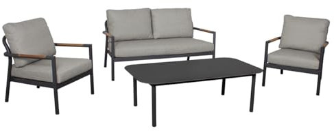 MR. DEKO® Loungeset Bilbao Grey Aluminium | Gartenmöbelset 4-teilig 2 x Sessel & 1 x 2er Sofa & 1 Tisch | Outdoormöbelset Alu & Sitz- Rückenkissen Rope | Stabil & wetterfest | Gartenmöbelgarnitur