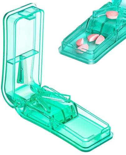 Pill Cutter, Portable Tablet Cutter with Blade and Storage Compartment 2-in-1 Pill Splitter Pill Case Half Quarter for Small or Large Pills Transparent Green for Tablet Vitamin Medicine